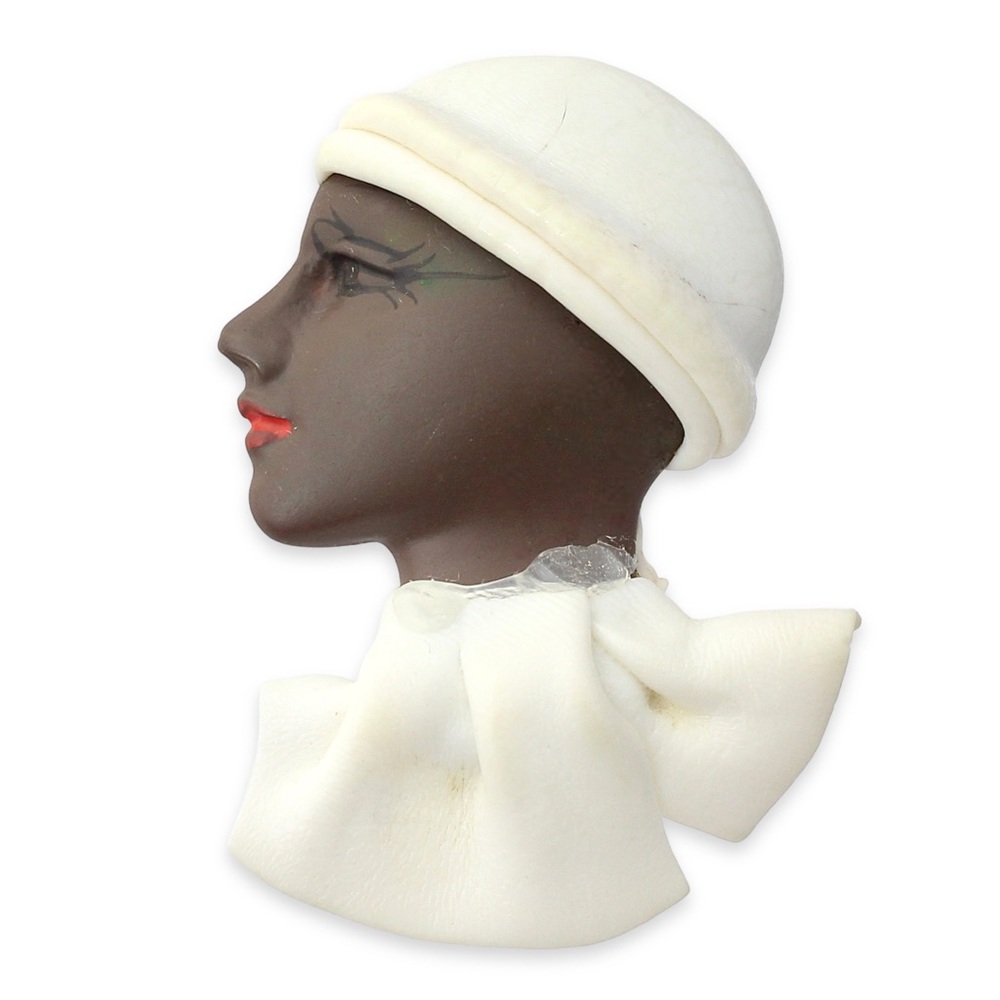 Vintage Black Woman Brooch Pin Plastic Lady Wearing White Hat Face Profile